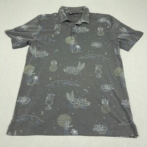 Travis Mathew Polo Shirt Mens L Gray Floral Cotton Blend Knit Tropical Hawaiian